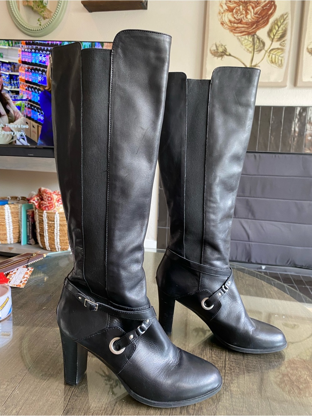 Adrienne Vittadini Black High-Heeled Knee Boots with Harness Accent